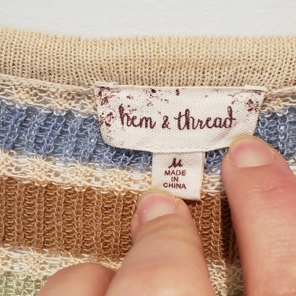 🚨CL:Hem & Thread Elba Stripe Open Knit Sweater Green Brown Cream Medium - Picture 3 of 7